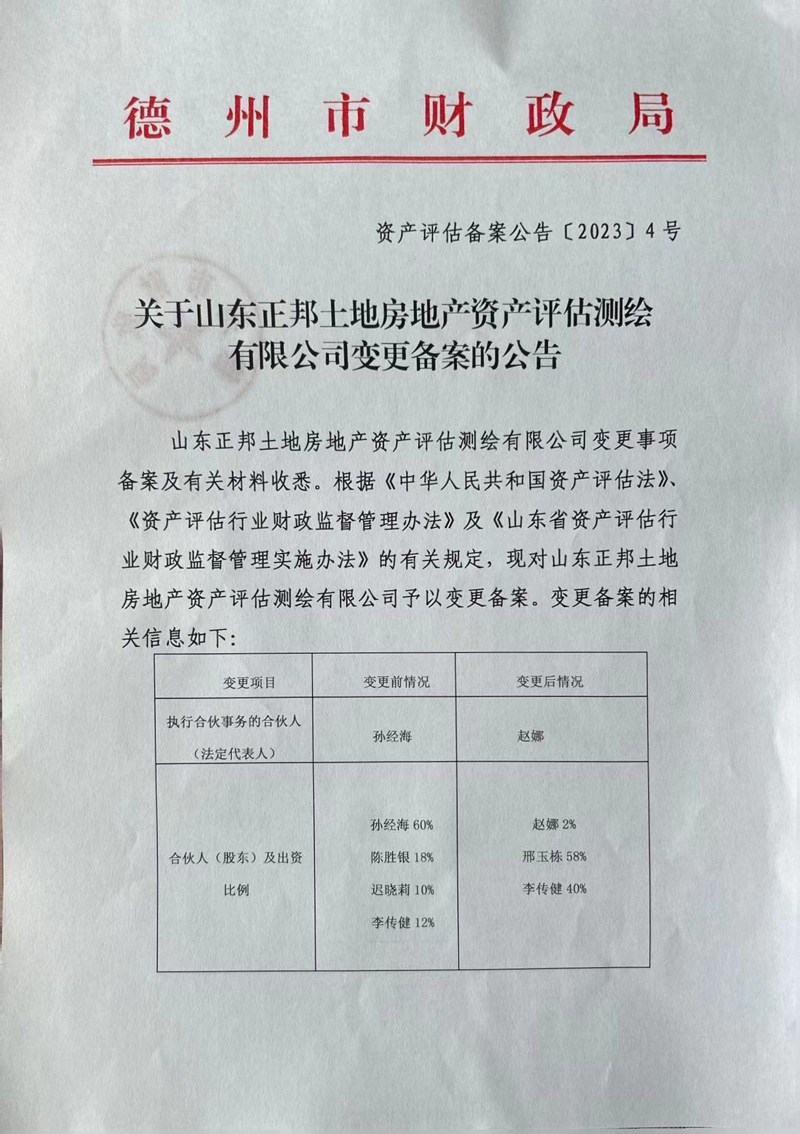 關于山東正邦土地房地產(chǎn)資產(chǎn)評估測繪有限公司備案變更公告